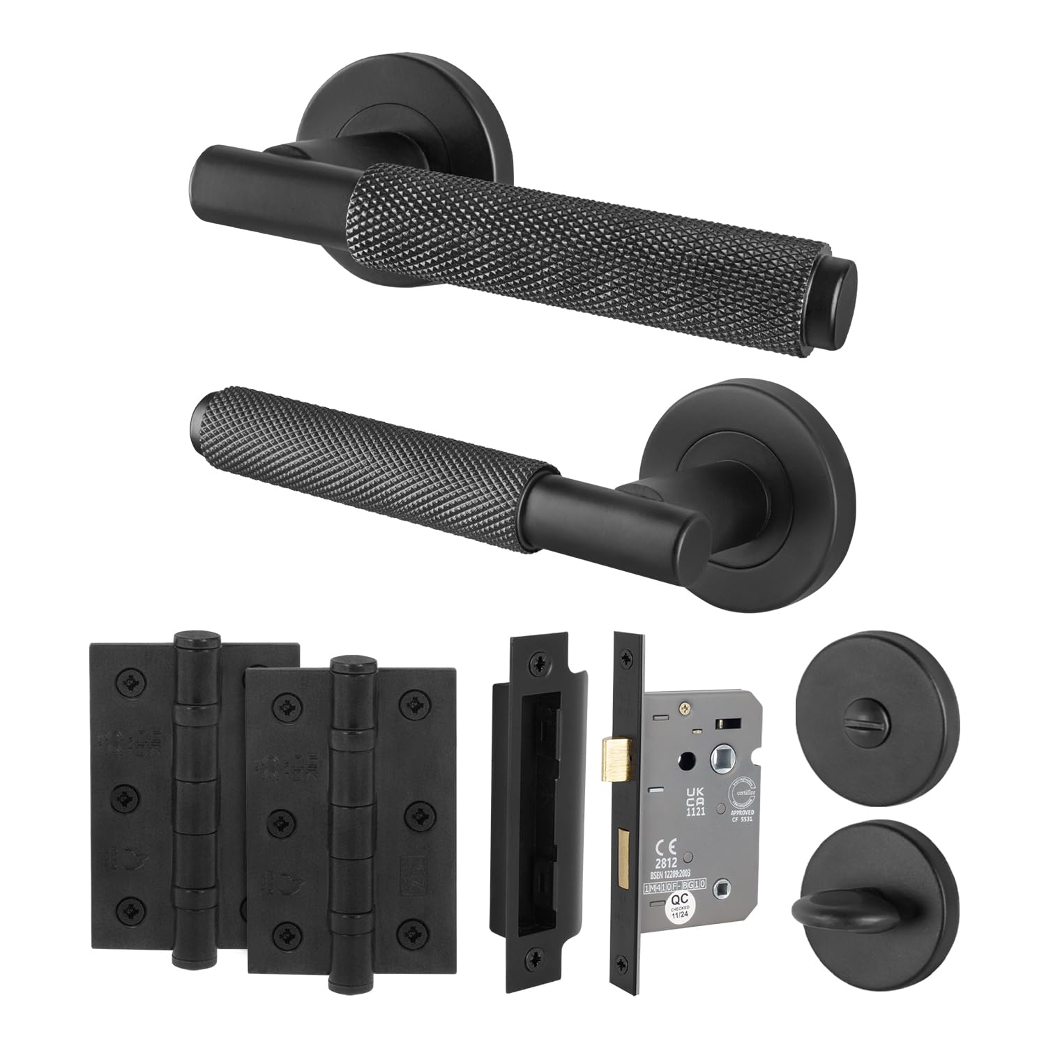 EAI Black Knurled Door Handle Bathroom Set, 1 Pair of Internal Matt Black Round Rose Door Handles, Lock 80mm Hinges 76mm - Dolton — image 1