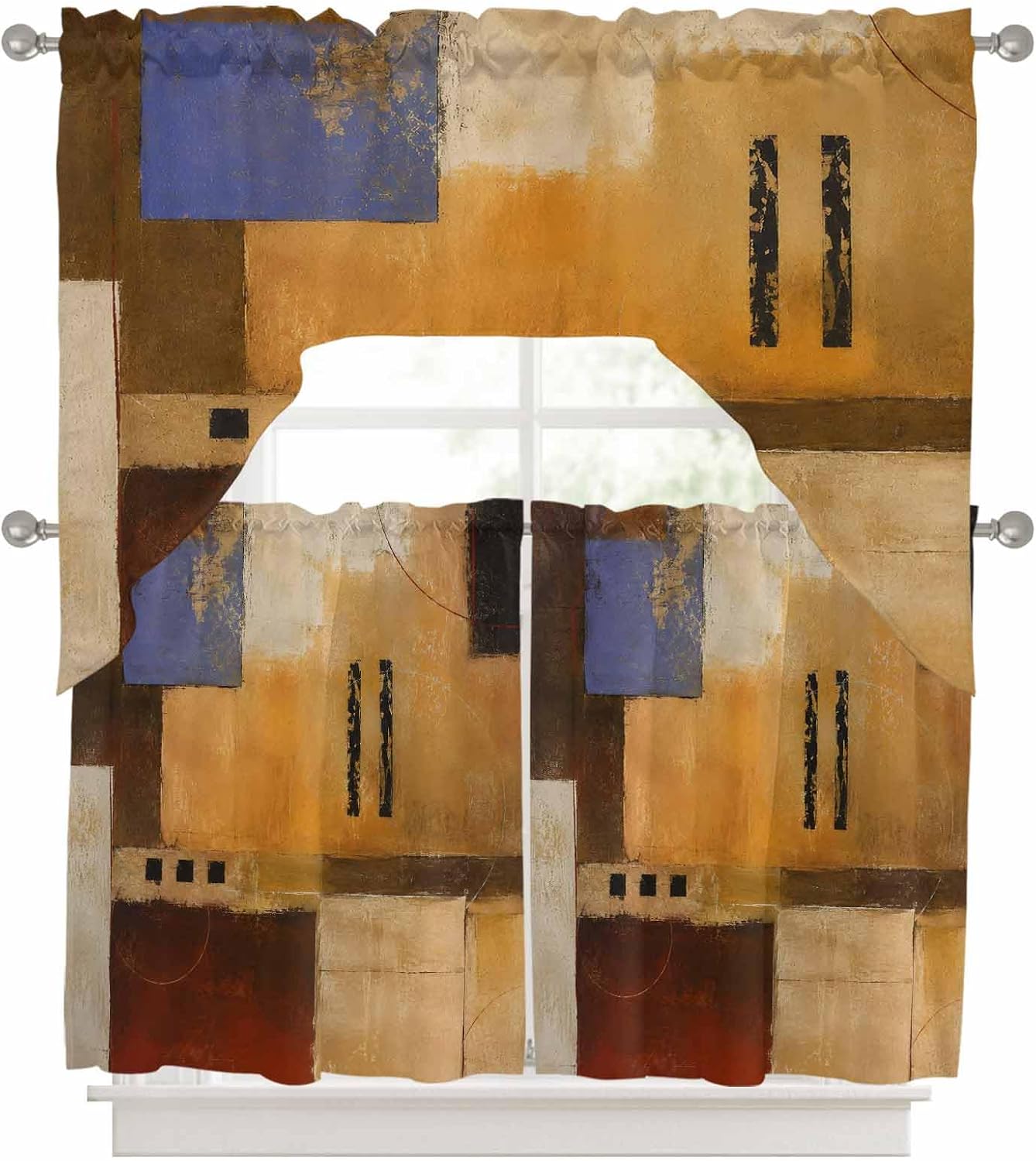 3 Pieces Tier with Swag Window Curtains Set, Colorful Geometric Cafe Curtains 36" Valance with Tiers, 27.5W x 36L Farmhouse Abstract Chic Aesthetic Light Filtering for Living Room