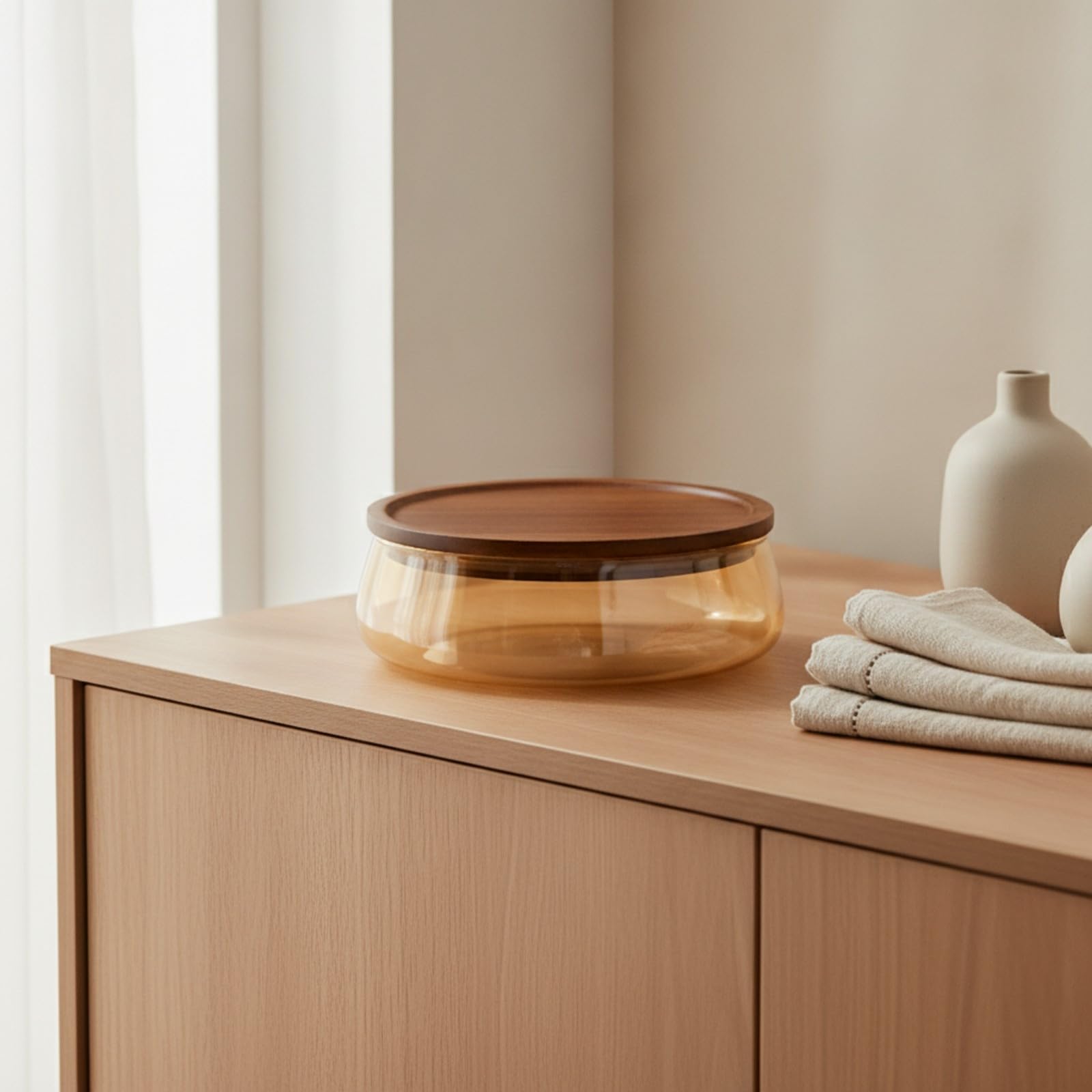Bowl Vidrio con Tapa Madera | Funcional, Vidrio Redondo con Tapa Madera, para Entretenimiento en Casa, Con Divisor