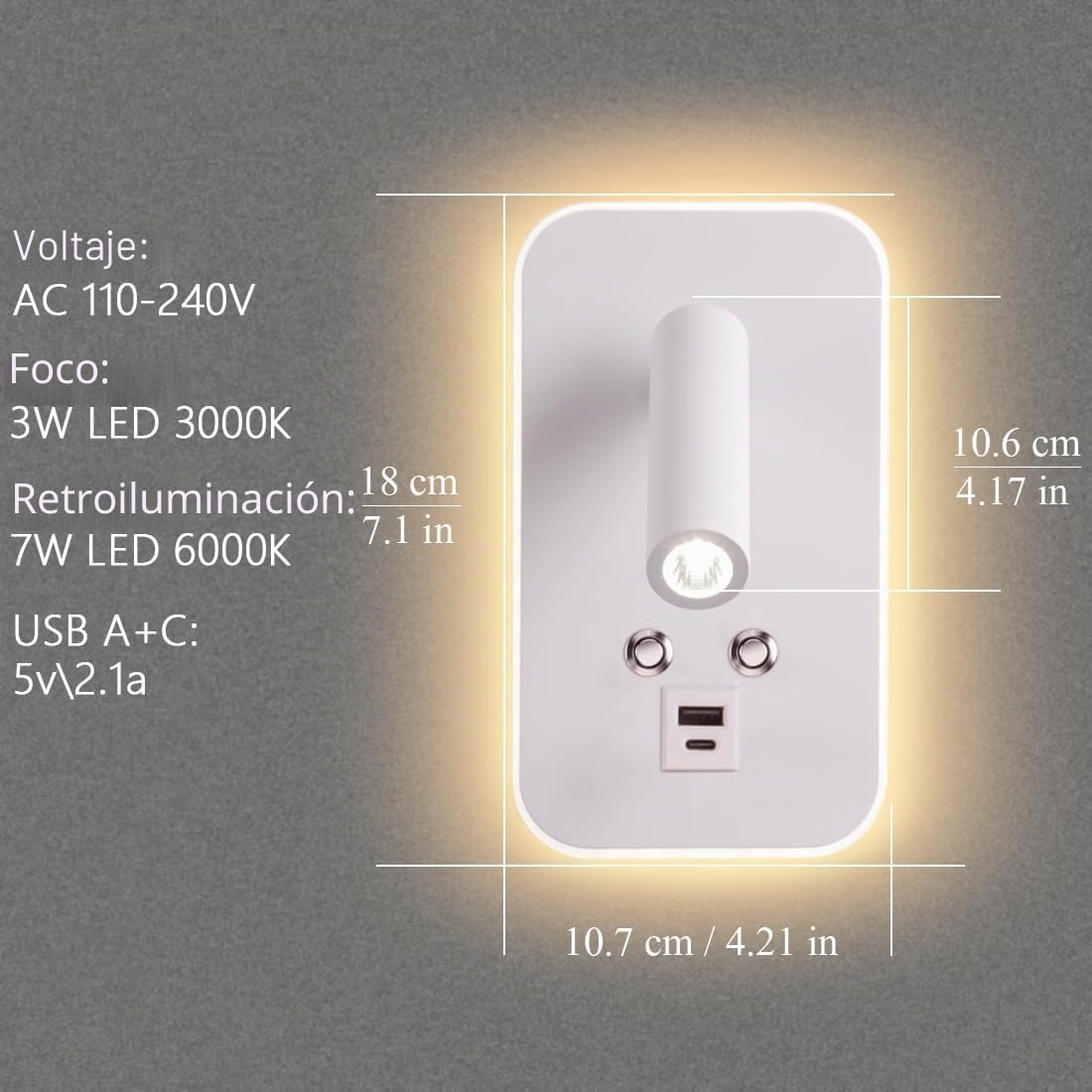 Lámpara de lectura de pared, 3W+7W, lámpara LED de pared Con interruptor táctil de atenuación y puerto de carga USB A+C, 320 ° cama giratoria lámpara de lectura dormitorio hotel (Blanco)