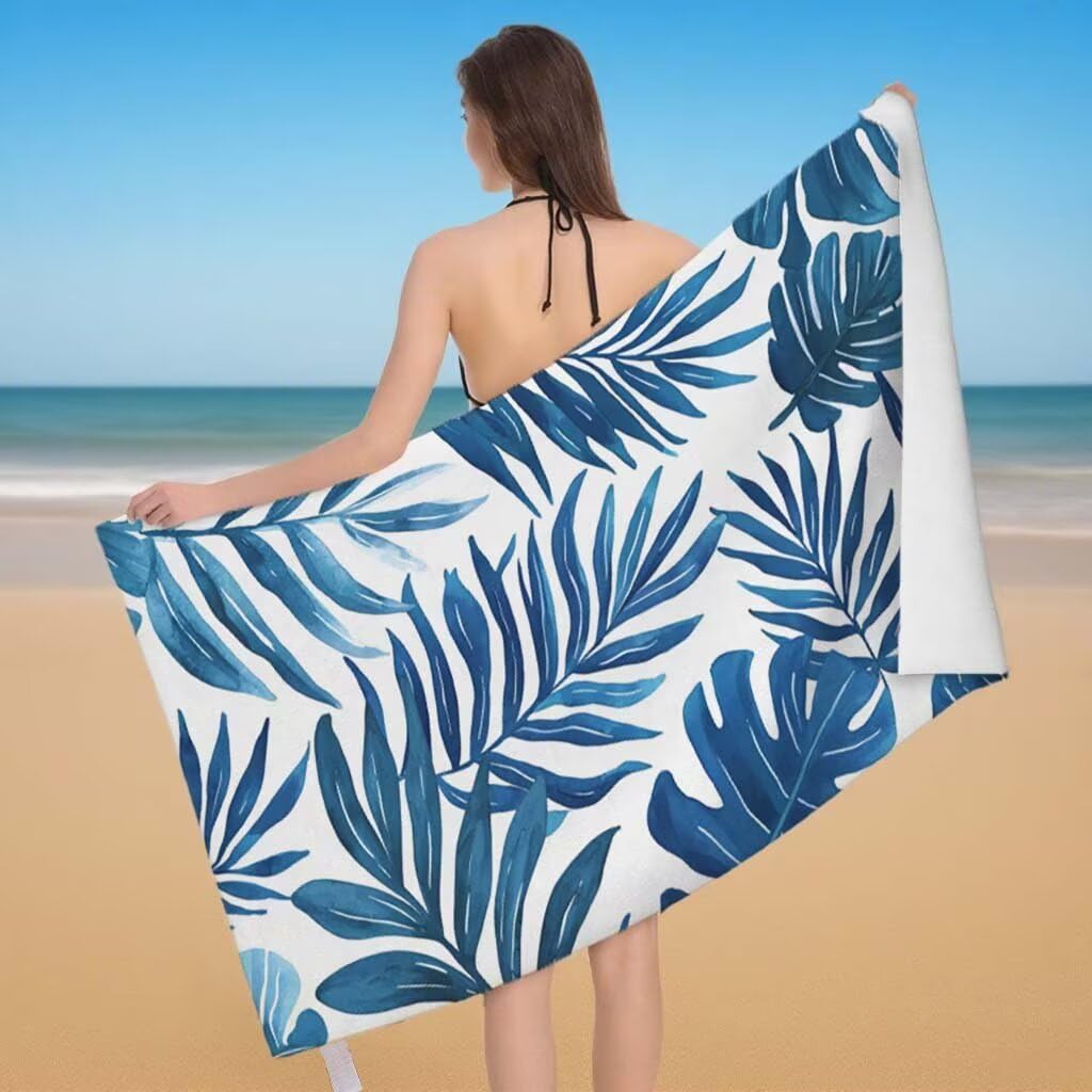 Telo Mare Microfibra 2 Set Telo Mare Grande 220x100cm/35x70cm Asciugamano Palestra Uomo, Leggero Antisabbia Asciugatura Rapida Vacanze Teli da Spiaggia per Piscina, Regalo Donna Uomo (Foglie) F-11