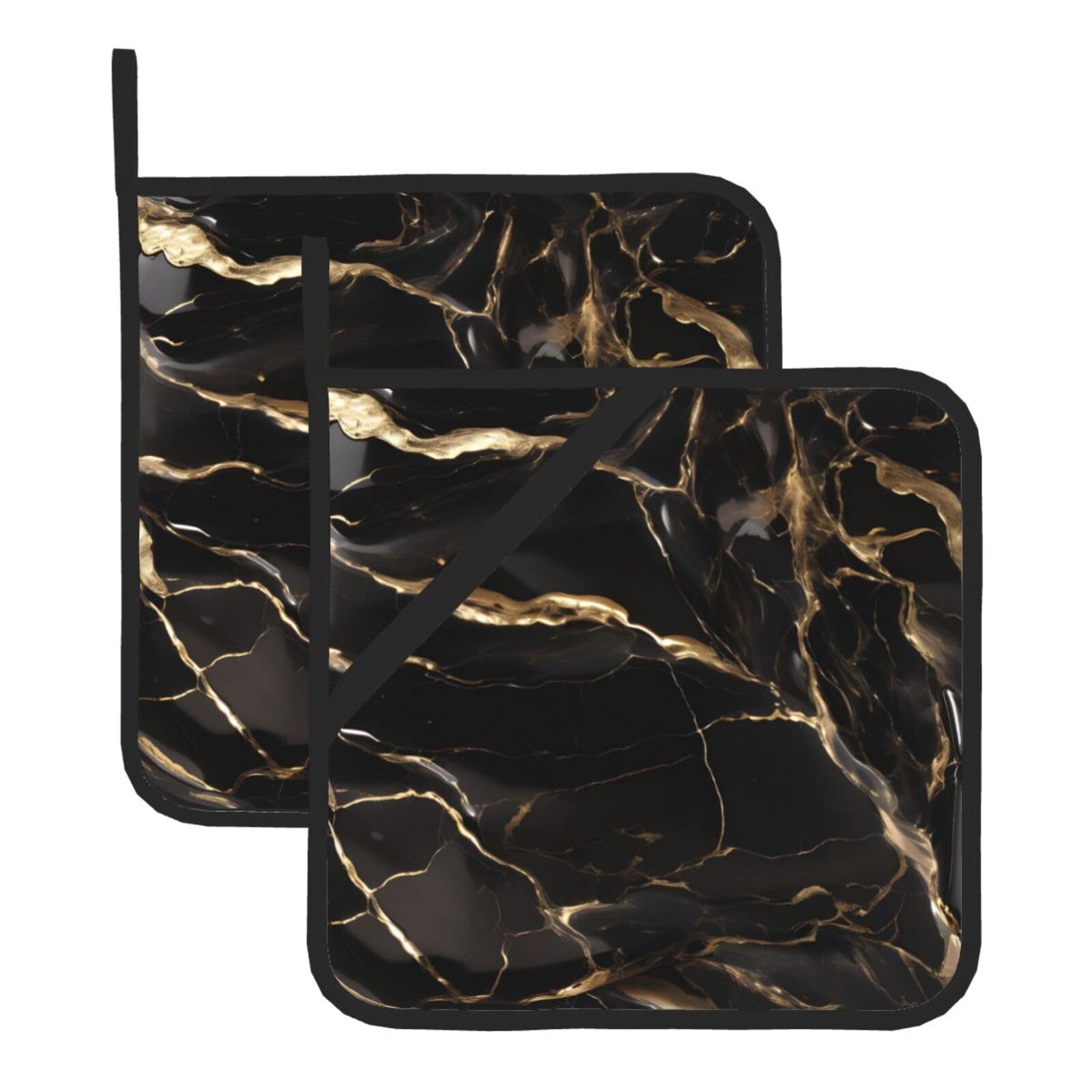 HJFCZH Black Gold Marble Prints Square Hot Pads for Kitchen Counter - Waterproof Pot Holders, Durable Heat Resistant Throw Layers for Serving, Oven & BBQ - 2 Pack