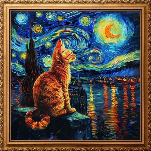Image of Leczany Cross Stitch Stamped Kits for Adults Beginners Patterns Craft Kit Needlepoint Full Range of DIY Embroidery Kits Starter 11CT 3 Strands | Cat Starry Sky 16.5x16.5 inches