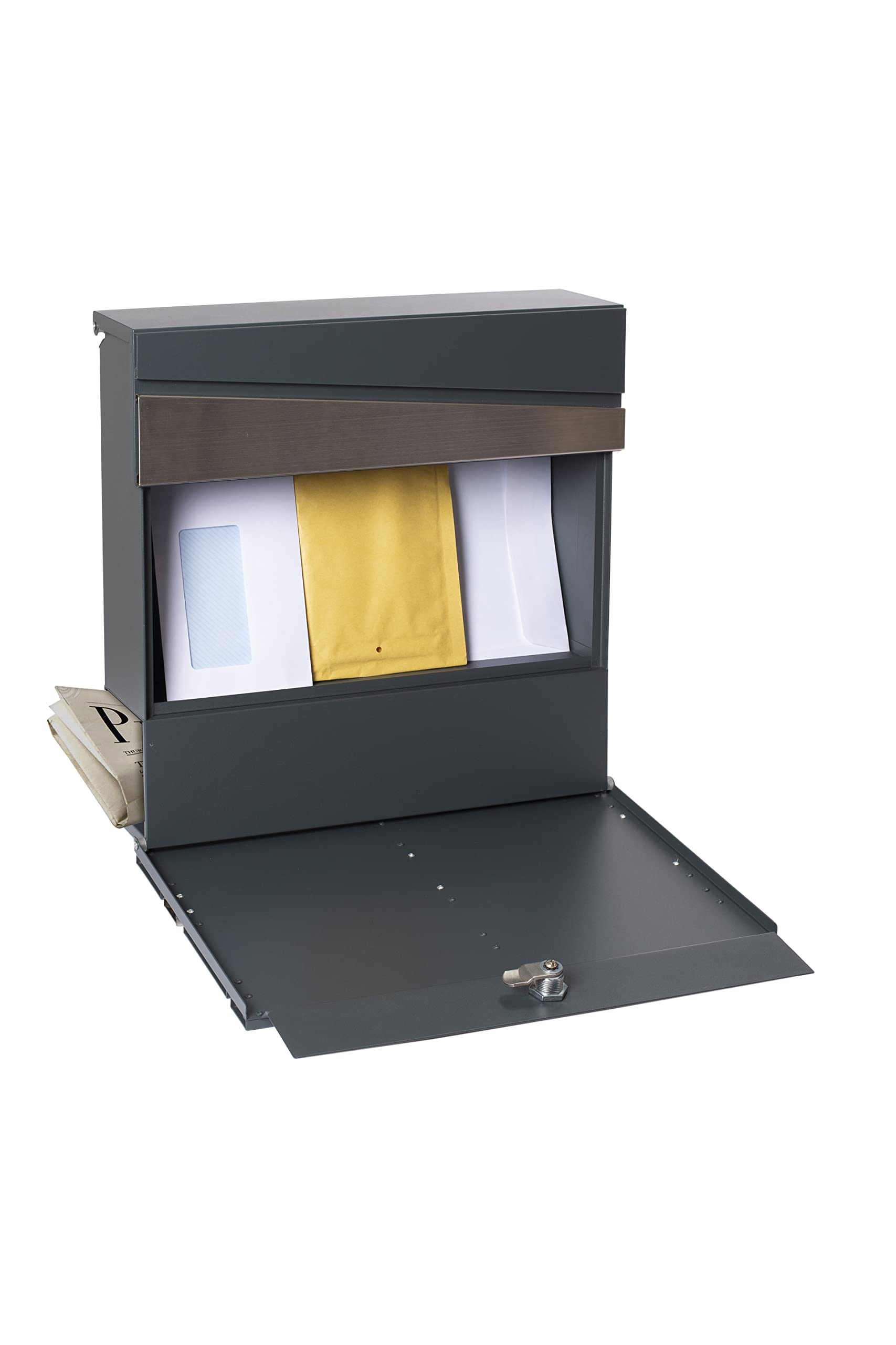 Arregui Armor E6905 Buzón Exterior de Acero con Portaperiódicos, Tamaño M (DIN A4), Buzón de Correo Moderno Gris con Tapa Protectora y Soporte para Periódicos, Montaje en Pared