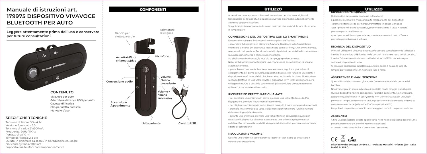 Kit Vivavoce per Auto, Casa, Ufficio. Bluetooth 5.3. 20 ore di chiamate. 1000 ore in standby. Altoparlanti 2 W. Funziona con Siri Google Assistant Support