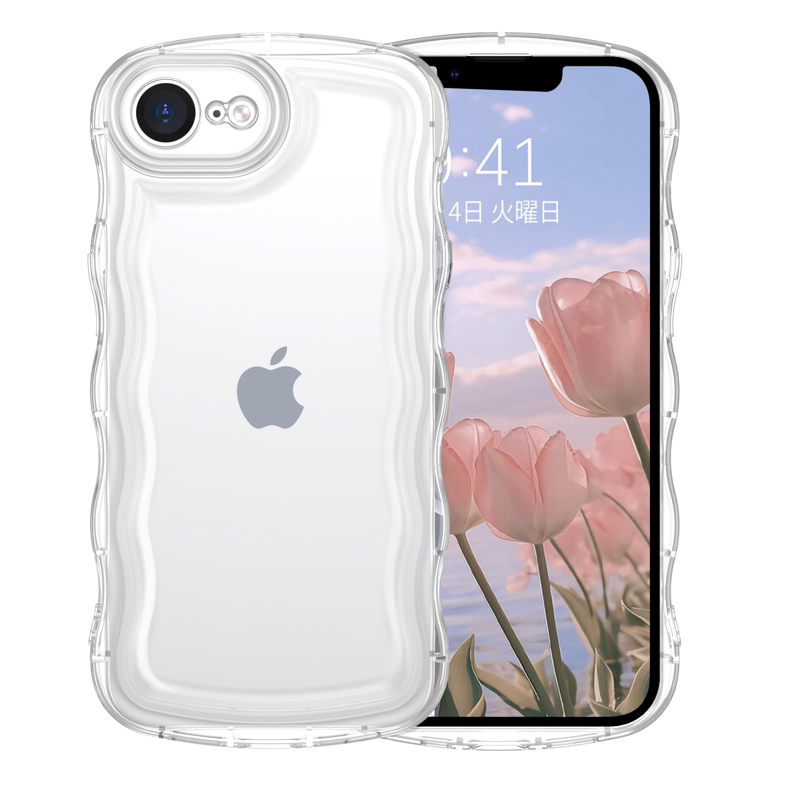 GUAGUA いphone 17e /16e ケース クリア ウェーブ iPhoneSE4 16e/17eソフト TPU 透明 うねうね 人気 バンパー 耐衝撃 ワイヤレス充電対応 ストラップホール付き アクスタが入る スマホケース 17e/16e/SE4(2025) 楕円形カメラ アイフォン SE4 16E 17e(2025)6.1インチ なみなみ カバー(クリア 透明)