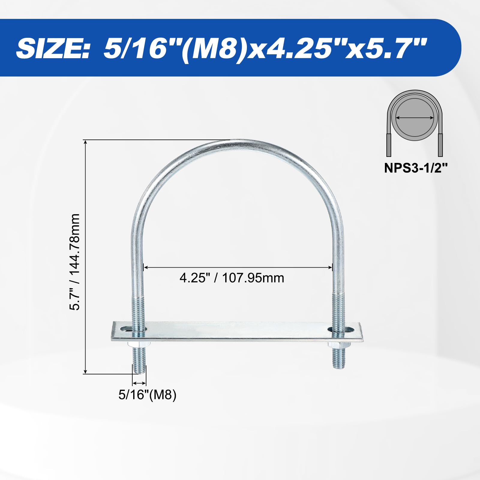 METALLIXITY U Bolts 2 Sets (5/16"(M8) x4.25"x5.7"), Round U Bolt Kits Carbon Steel with Accessories, for Construction Pipe - Image 2