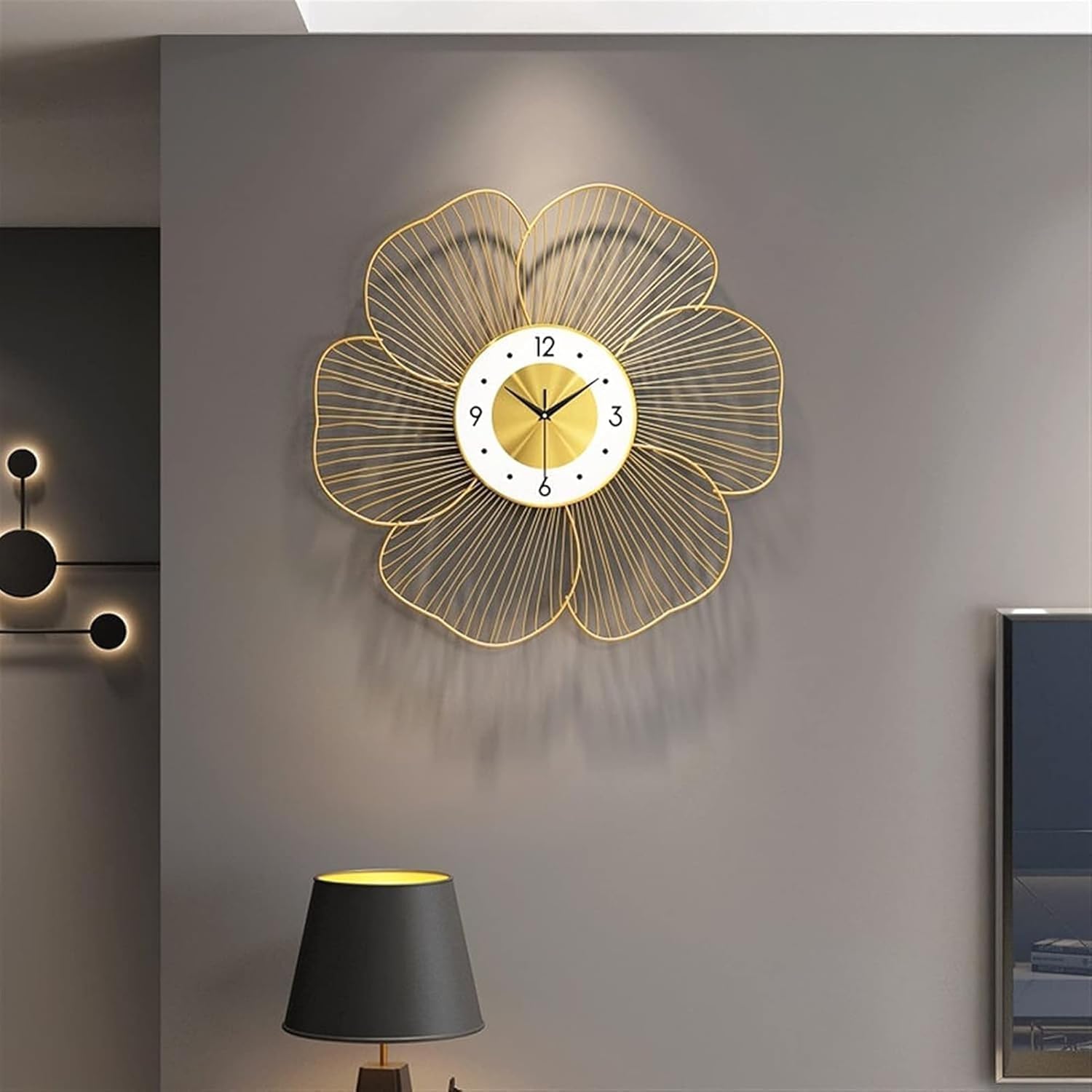 Gold Handmade Metal Wall Clock Wire Design, Silent Decorative Wall Hanging Clock for Bedroom, Living Room, Dining Room, and Hallway (53x53cm)