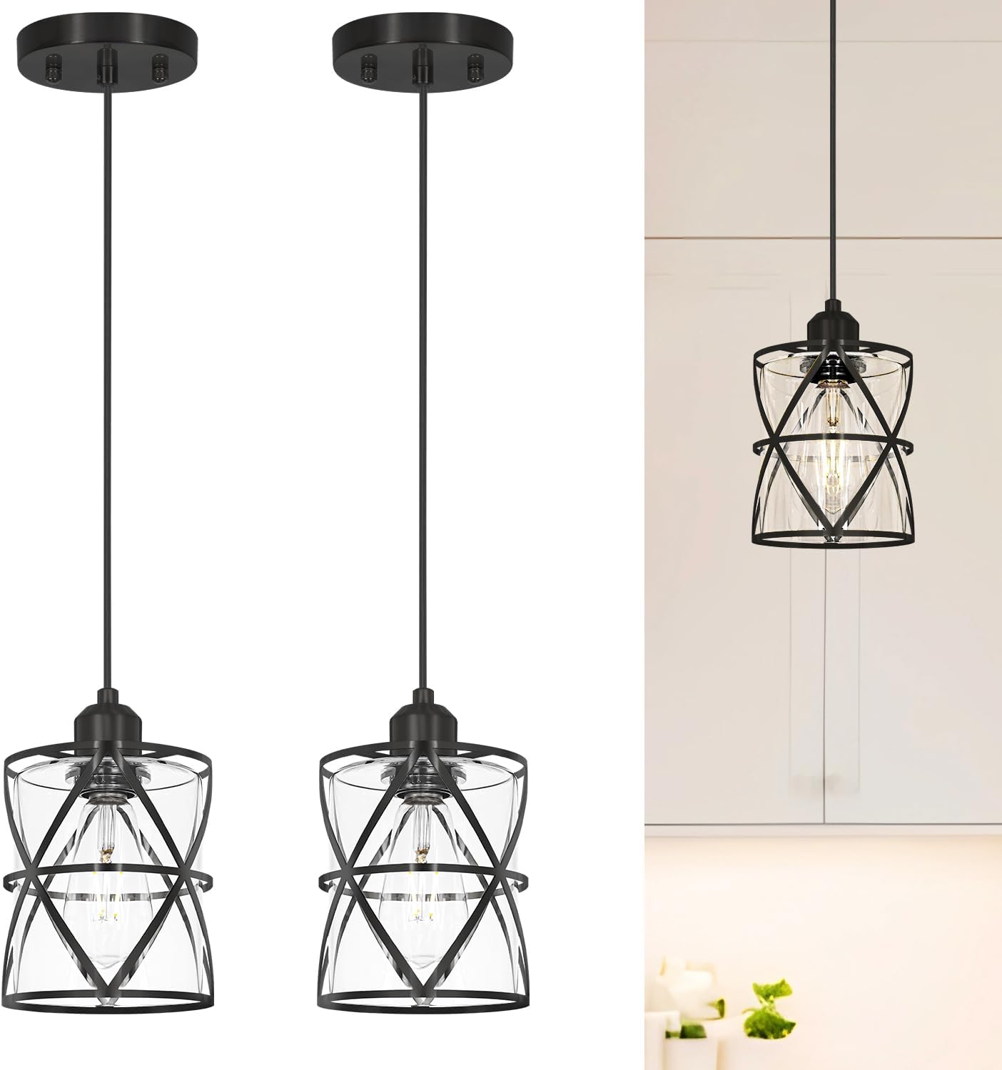 Black Pendant Lights for Kitchen Set of 2, Kitchen Island Pendant Light with Clear Glass, Adjustable Bathroom Pendant Lights, Hanging Kitchen Light over Island,59'' Cord for,Bedside Table,Hallway