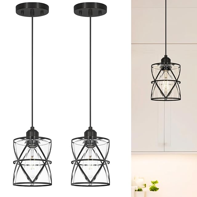 Black Pendant Lights for Kitchen Set of 2 Kitchen Island Pendant Light with Clear Glass Adjustable Bathroom Pendant