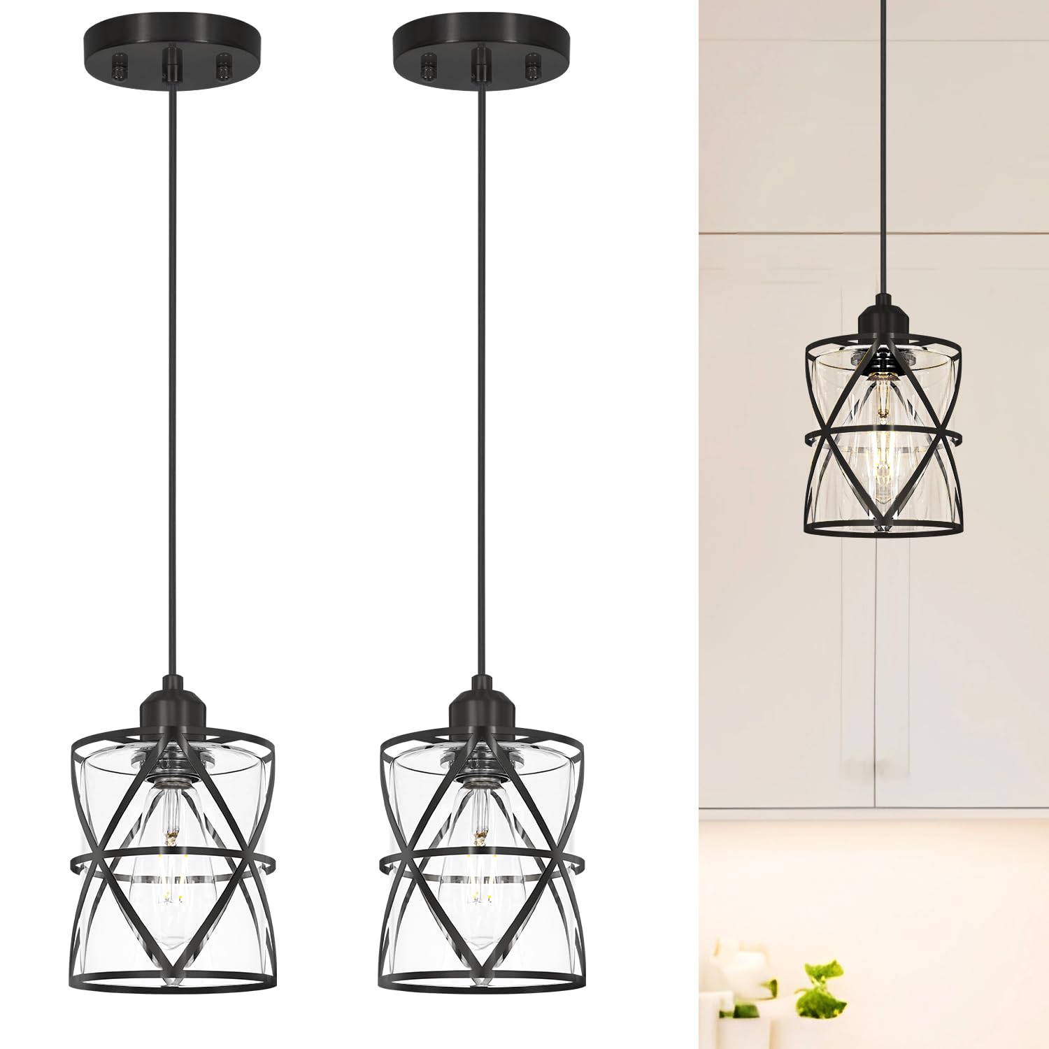Black Pendant Lights for Kitchen Set of 2 Kitchen Island Pendant Light with Clear Glass Adjustable Bathroom Pendant