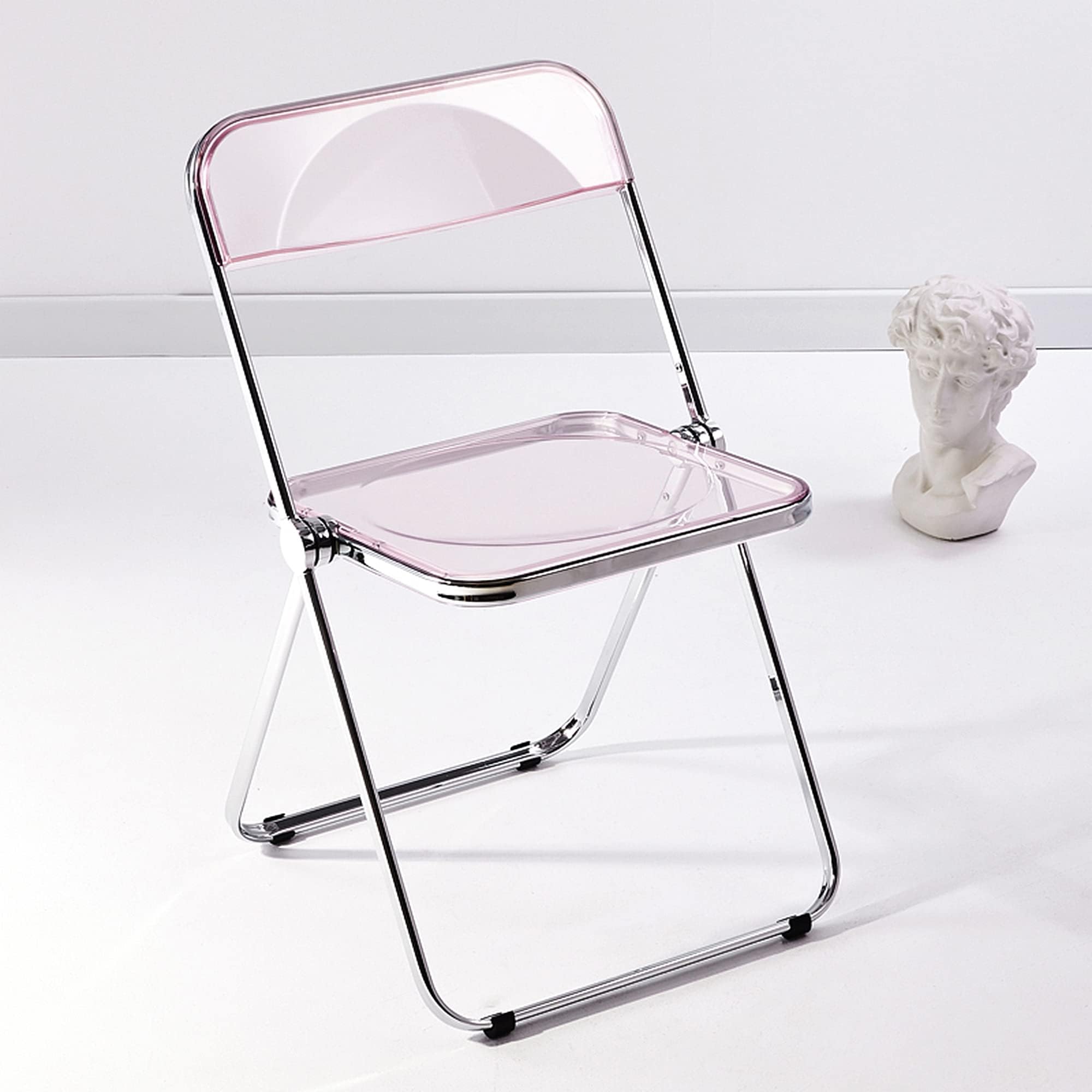 Luxury Modern Transparent Folding Chair Acrylic Folding Chairs-Acrylic Ghost Stackable Crystal Seat-PC Plastic Living Room Seat-Chrome Frame Accent Side Chair for Outside Inside-Pink