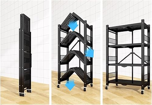 Miniatura 3 de Estantería plegable para almacenamiento, estantes plegables de metal de 4 niveles con ruedas, estantes y estantes de almacenamiento, estantes