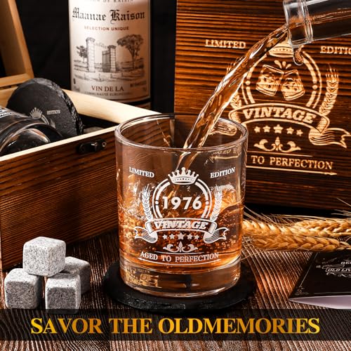veecom 50th Birthday Gifts Men, 50th Birthday Whiskey Glass 354ml, 1976 Whisky Glasses for 50 Year Old Man, Rum Glass Old Man Gifts Ideas for Him, Dad, Husband, Grandpa - Wood Box & Whiskey Stones - Image 2