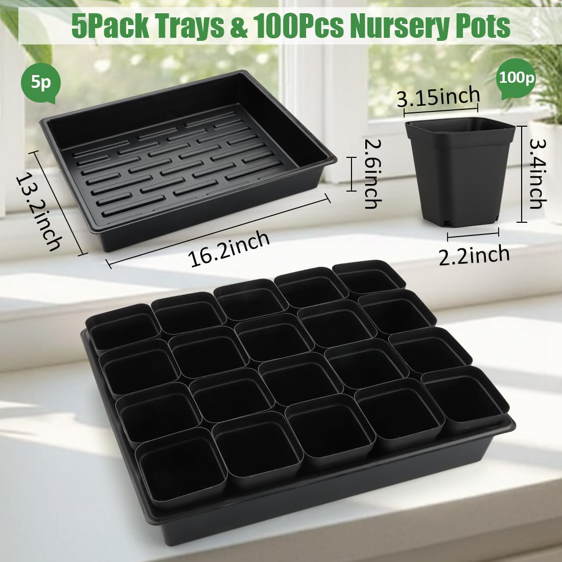 3.15 inch (8CM) Square Nursery Pots 100 pcs, Sturdy Seedlings Trays 5 Pcs, Seeds Starter Germination Tray, Microgreening Planter Nursery Propagation 5 Sets - Image 2