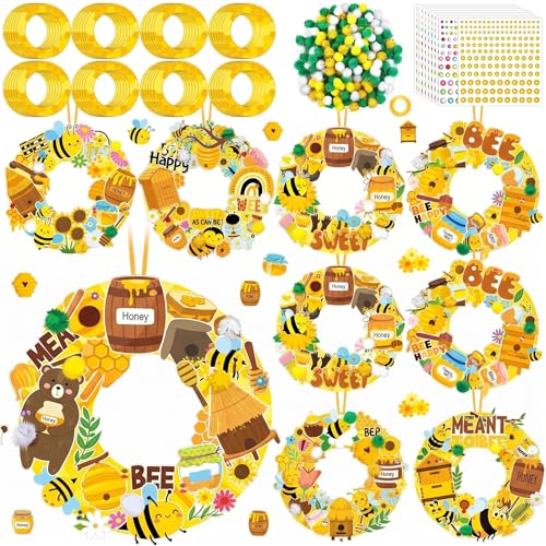 Hollowfly 48 Sets Bee Craft Kits DIY Summer Wreath Hanging Ornaments Make Your Own Paper Bee Craft with Honey Stickers for Home Summer Activities Party Decor