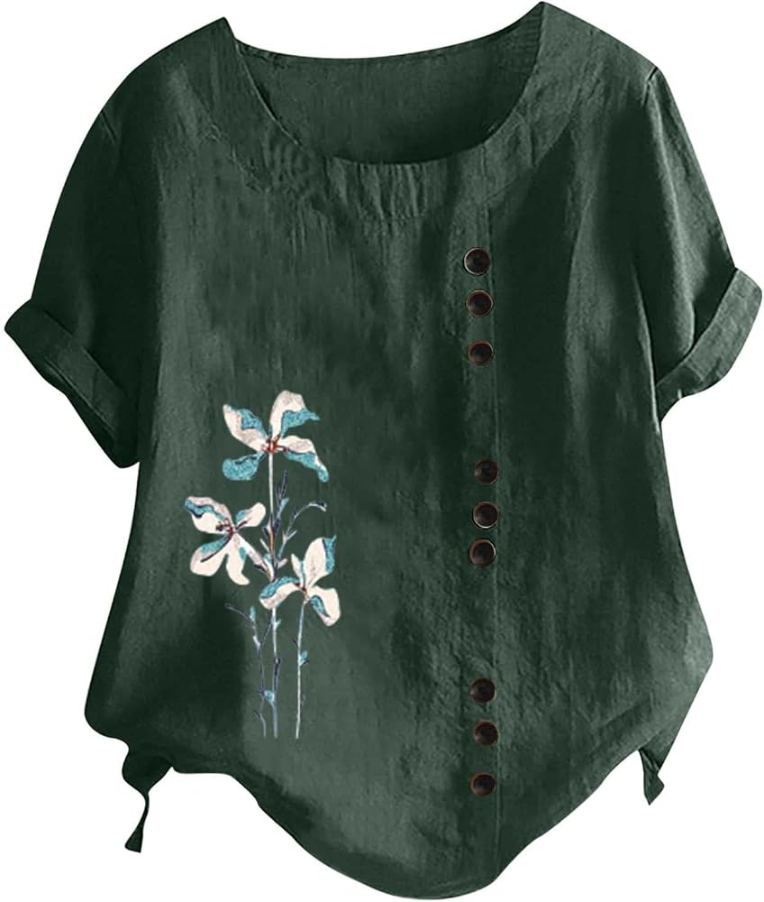 Chemise à Manches Courtes En Coton Et Lin Pour Femme Grande Taille - Chemisier Col Rond Imprimé Floral Bohème - Tunique D'Été Brodé