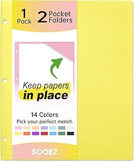 Sooez 2-Pocket Folders, Plastic Folders with Pockets 3 Hole Punched, 1 Pack Pockets Folder for 3 Ring Binder with Labels, Heavy Duty Binder Folder for Document, Letter Size File Folder,Yellow