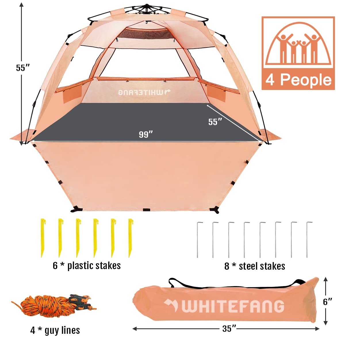 WhiteFang Deluxe XL rozkładany namiot plażowy dla 3-4 osób, ochrona przed promieniowaniem UV, wysuwana podłoga z 3 wentylowanymi oknami plus torba transportowa, słupki i linie napinające (Hami Melon)