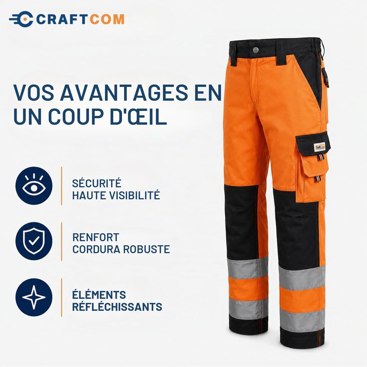Generisch CraftGear Pantalon de travail pour homme - Pantalons de travail renforcés en Cordura orange avec protection des genoux réfléchissante et poches cargo pour artisans, pantalon de signalisation