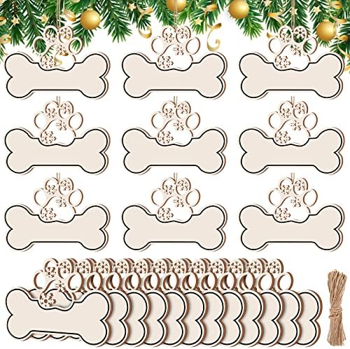 36 Pcs Dog Bone Ornaments Wooden Dog Paw Print Shape Hanging Ornament Wood DIY Craft with Custom Name for Tree Home Decor Gift for Pet Lovers Christmas (Cute Pattern)