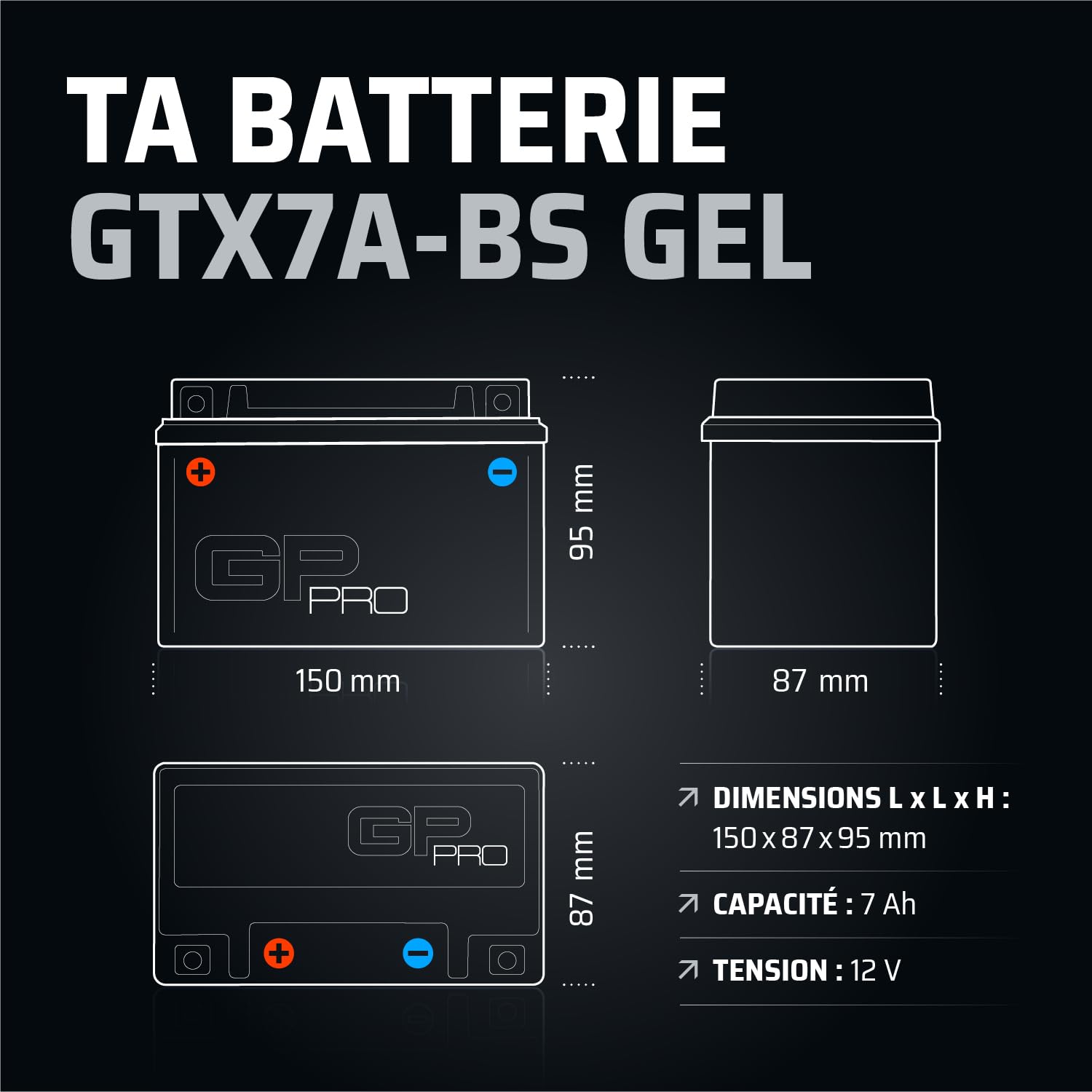 GP-PRO GTX7A-BS 12V 7Ah GEL akumulator rozruchowy (podobny do YTX7A-BS / 50615) (bezobsługowy/uszczelniony) akumulator motocyklowy