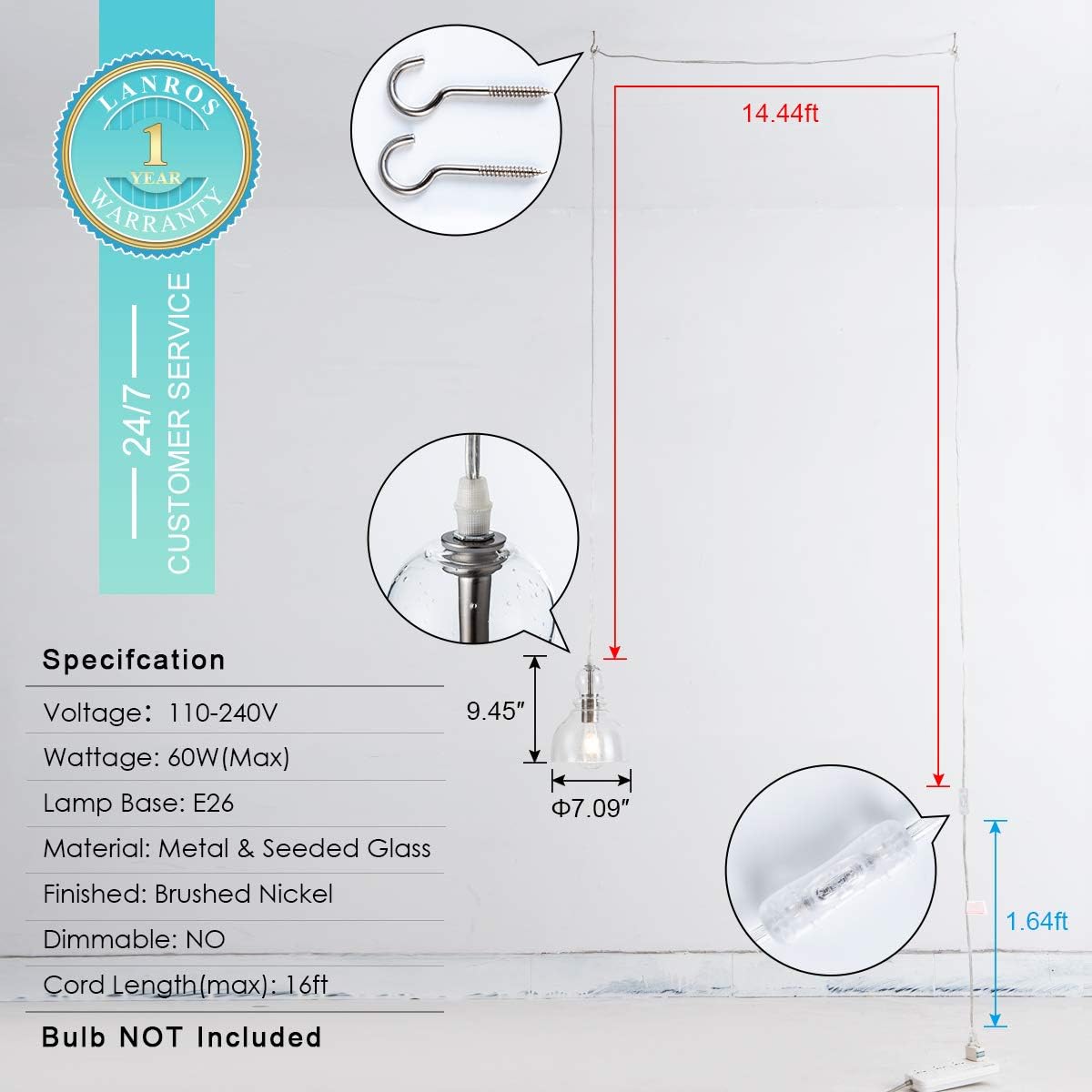 LANROS Swag Lights with 15.7 Ft Plug-in Cord and On/Off Switch, Handblown Clear Seeded Glass Shade Pendant Light for Bedroom Study Kitchen Sink Livingroom, Brushed Nickle Finish, 7inch, 1-Pack