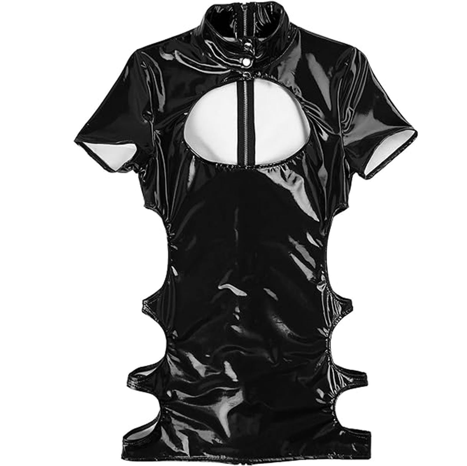 Genérico Sexy para Mujer Traje de Aspecto Mojado Minivestido de Cóctel de Cuero con Pecho Descubierto de látex de PVC de Manga Corta con Cremallera Trasera,Negro,S