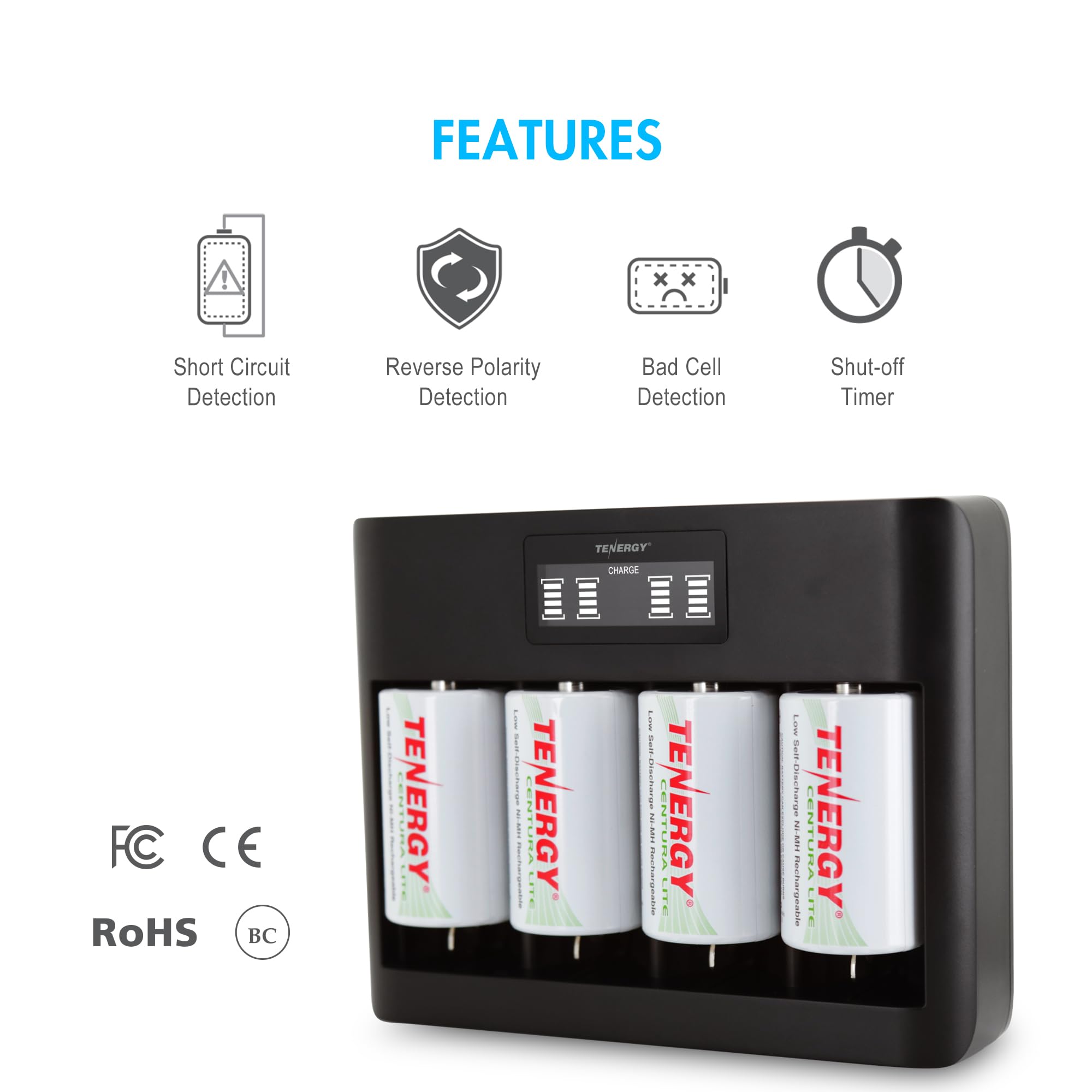 Tenergy Confezione da 4 batterie Centura Lite D Size e caricabatterie universale TN486U a 5 alloggiamenti con LCD, ingresso micro USB/tipo C
