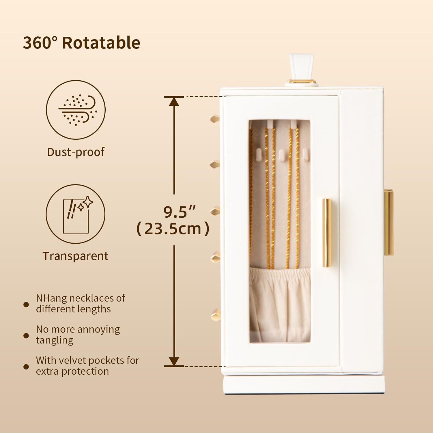 White MDF 360° Rotating Jewelry Storage Box with Glass Windows