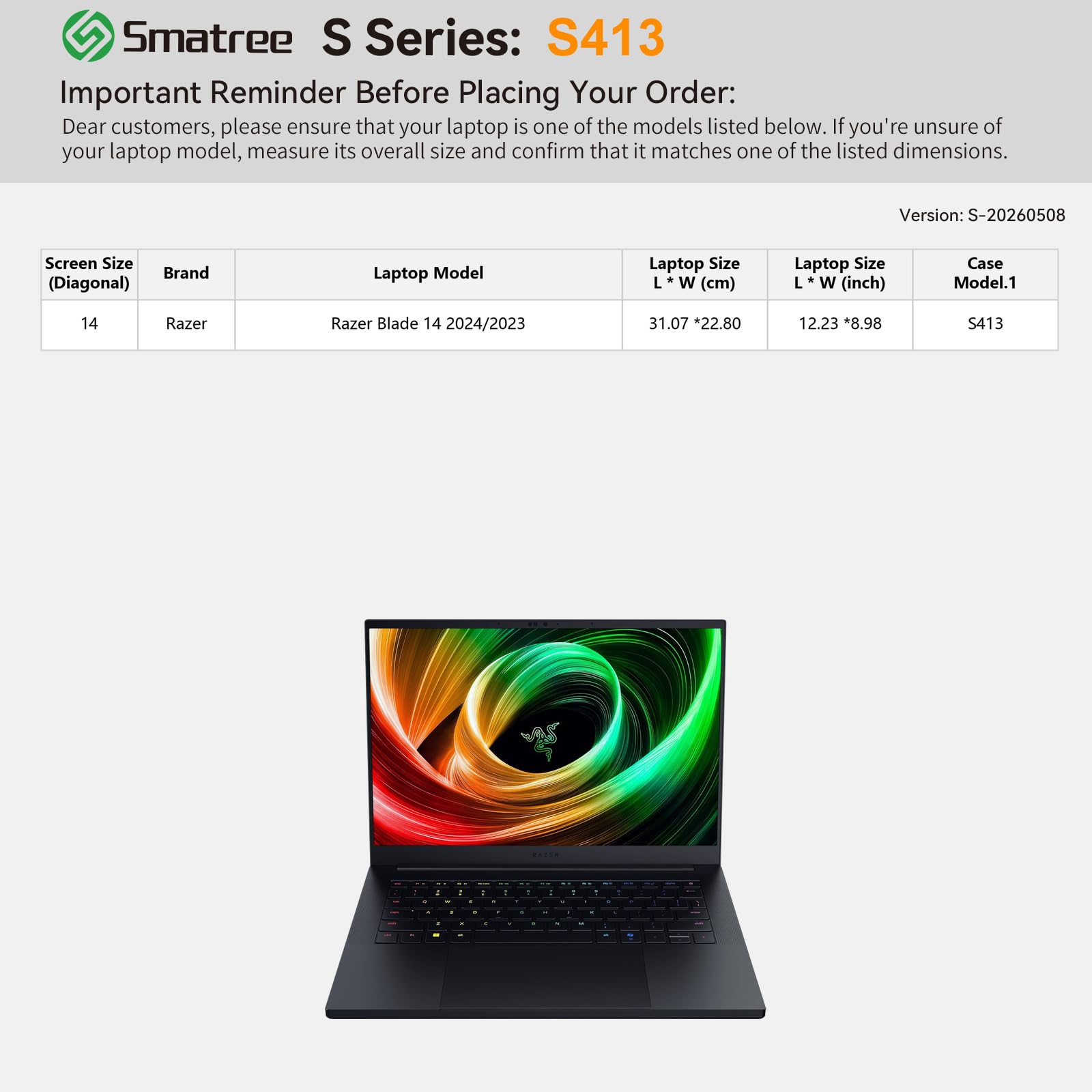 Smatree SlimPro pokrowiec na laptopa 35.6 cm Razer Blade 14 2022, etui na laptopa Razer z kieszenią na akcesoria z szybkim dostępem, opatentowana konstrukcja Super-Corner (S413)