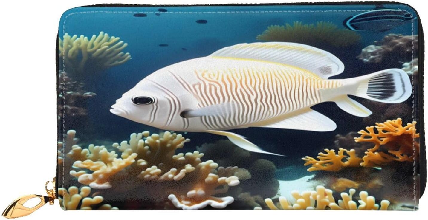 White-golden fish Long Zip Around Wallet for Women, Large Capacity RFID Leather Wristlet Wallet with 12 Card Slots Coin Purse, Fashion Clutch Purse with Wrist Strap