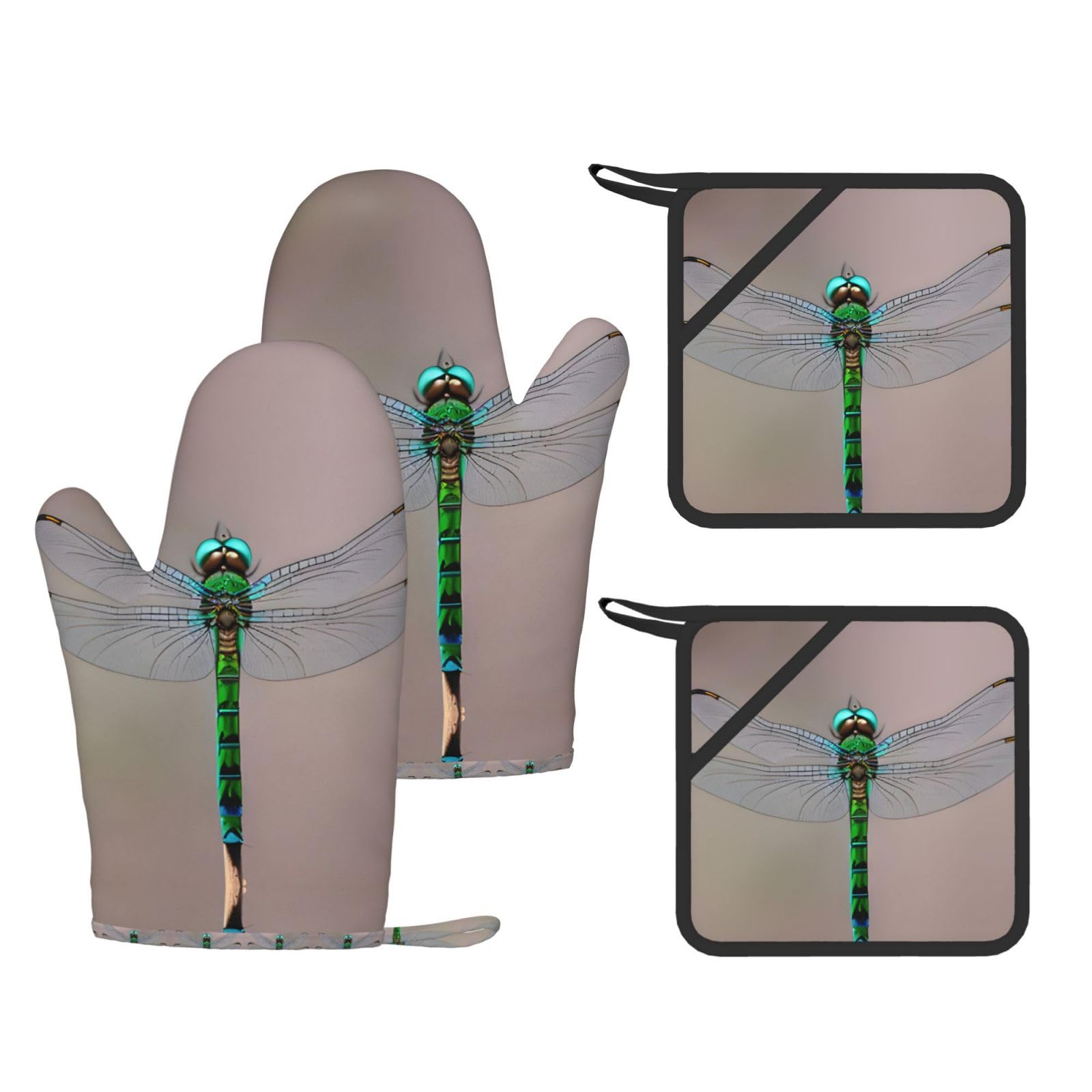 Dragonfly Printed Oven Mitts with Pocket and Hot Pads, Silicone Non-Slip Kitchen Gloves for Baking BBQ