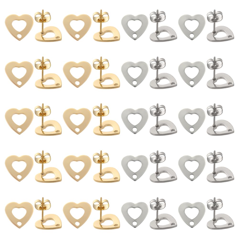 SUNNYCLUE 1 Box 40Pcs Real 24K Gold Plated Heart Earring Findings Earring Post with Hole Heart Earrings Post Earring Studs Bulk Earring Post for Jewellery Making Accessories DIY Dangle Earrings Craft