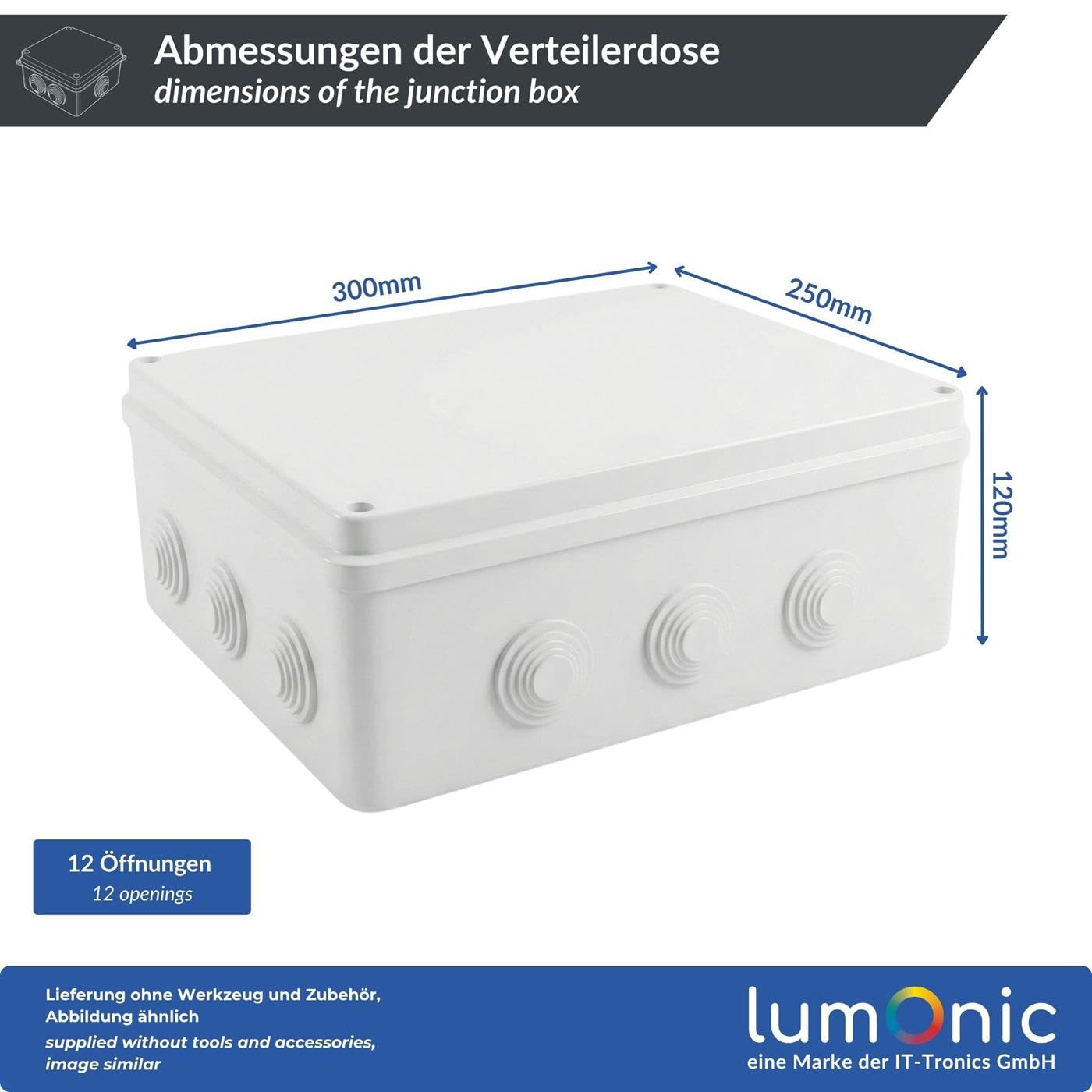 Lumonic Boîte de distribution en saillie IP65 Blanc | extra large, 300x250x120mm, 12 entrées de câble | Couvercle vissé | PVC de haute qualité | Grand espace intérieur pour les profilés chapeau, les b