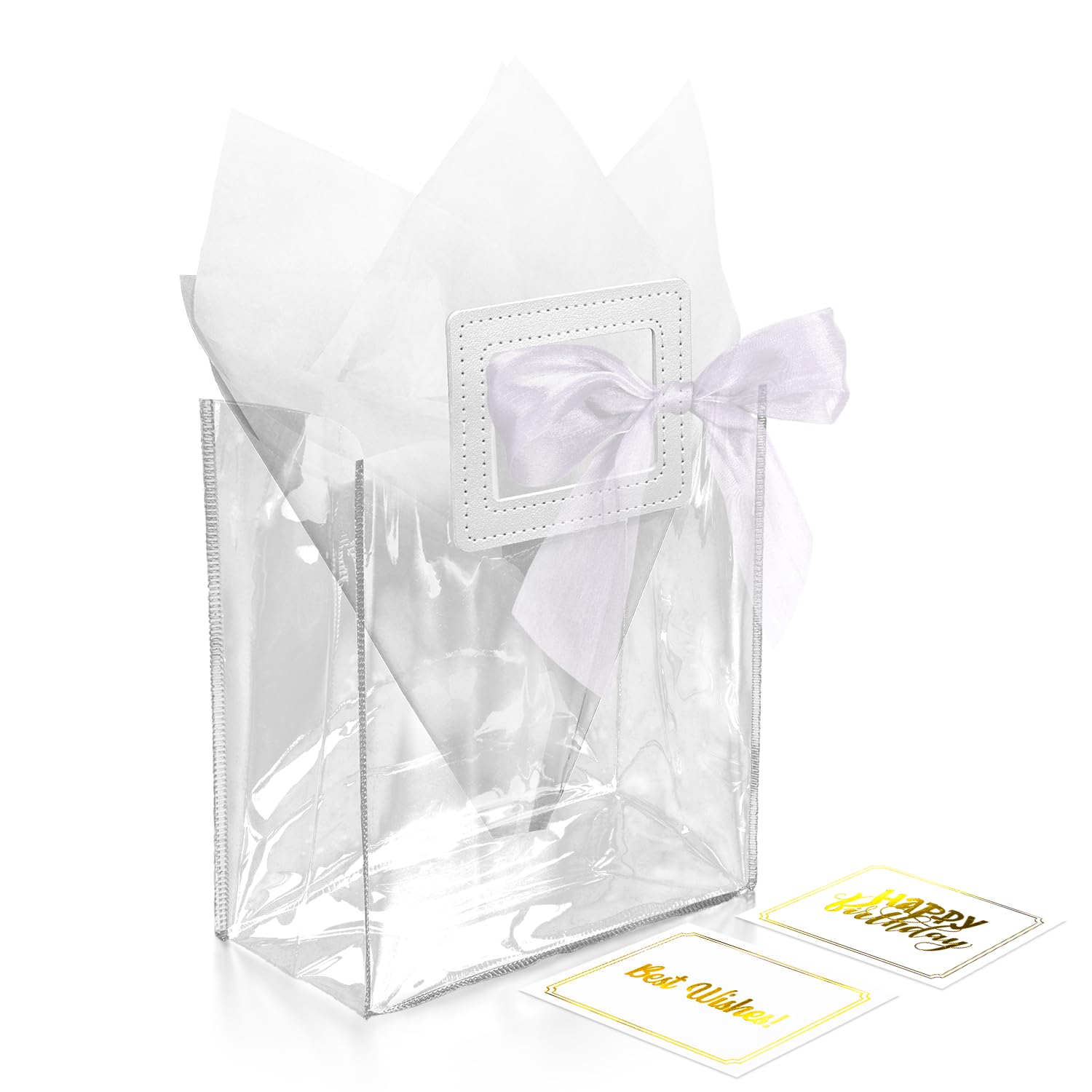 ysmile Small Clear Gift Bag with Tissue Paper for Women Men Boys Girls, Birthday, Anniversary, Baby Shower, Wedding, Reusable 7.5" - White
