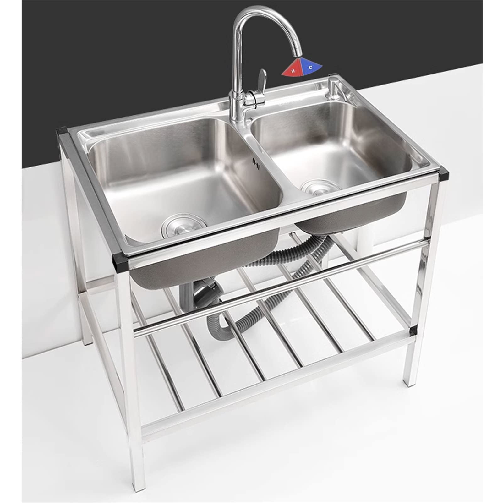CZYWKDDPP Stainless Steel Utility with Cold Hot Taps, Two Compartment Workbench Commercial for Restaurant, Laundry Room, Backyard, Garages