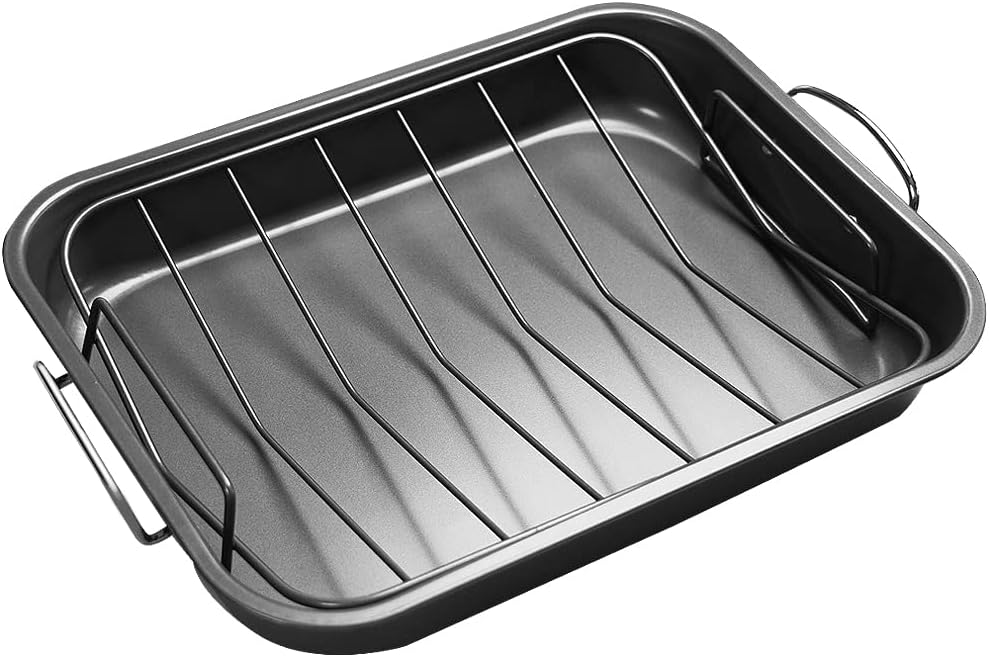 Roasting Pan with Rack, Roaster Pan with Rack, roasting pan, PFOA free (16.9"X11.6"X2.95")