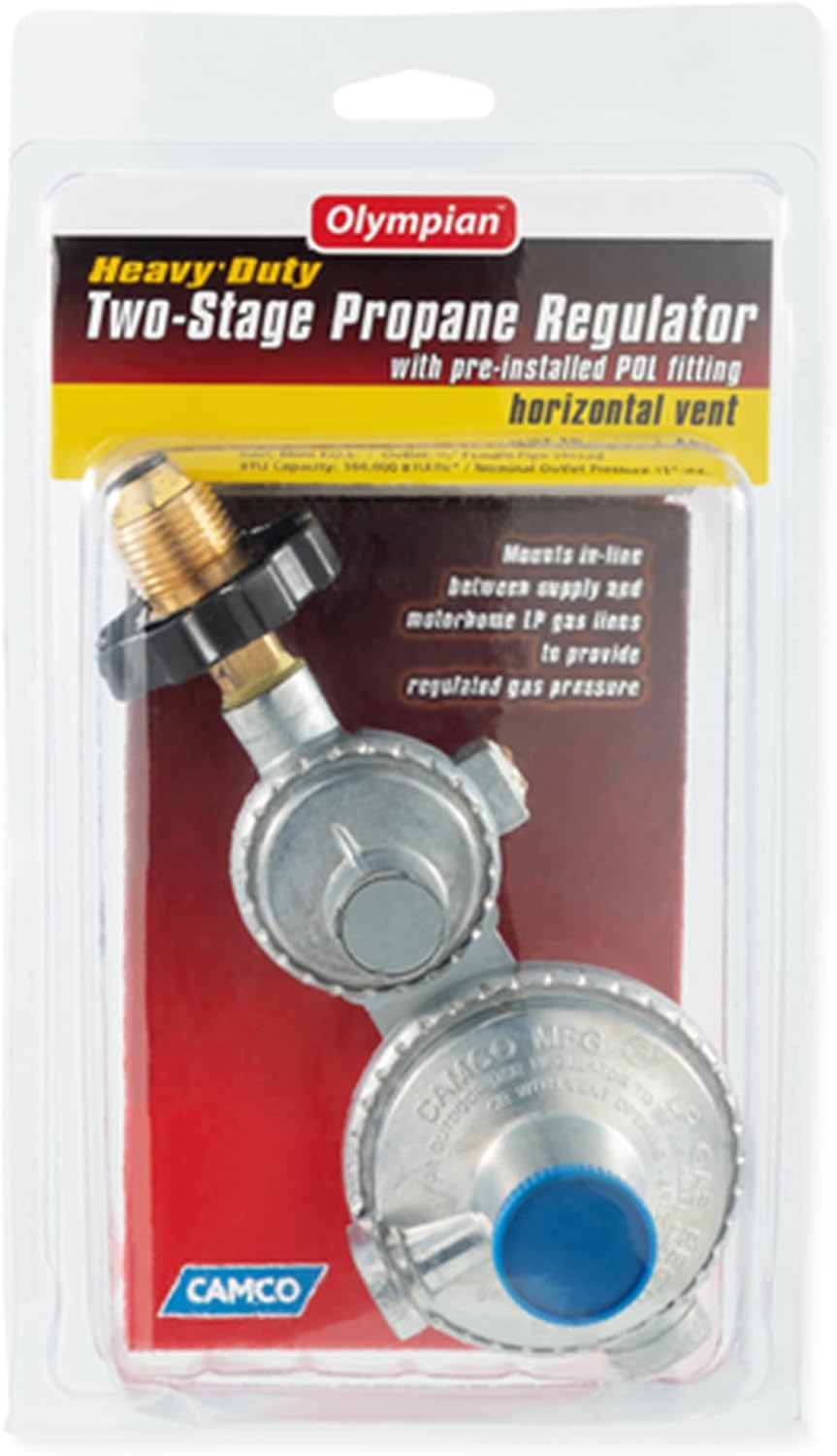 Camco RV Propane Regulator 2 Stage Horizontal Mount with POL, 160000 BTU Gas Pressure Control Valve, 3/8 Inch NPT for Camper Trailer