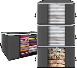 GEEDIAR Clothes Closet Organizers and Storage Bags,Large Capacity Clothing Storage Containers with Reinforced Handle,Set of 4 Foldable Bedding Organizer Bags with Zipper,90L,Grey
