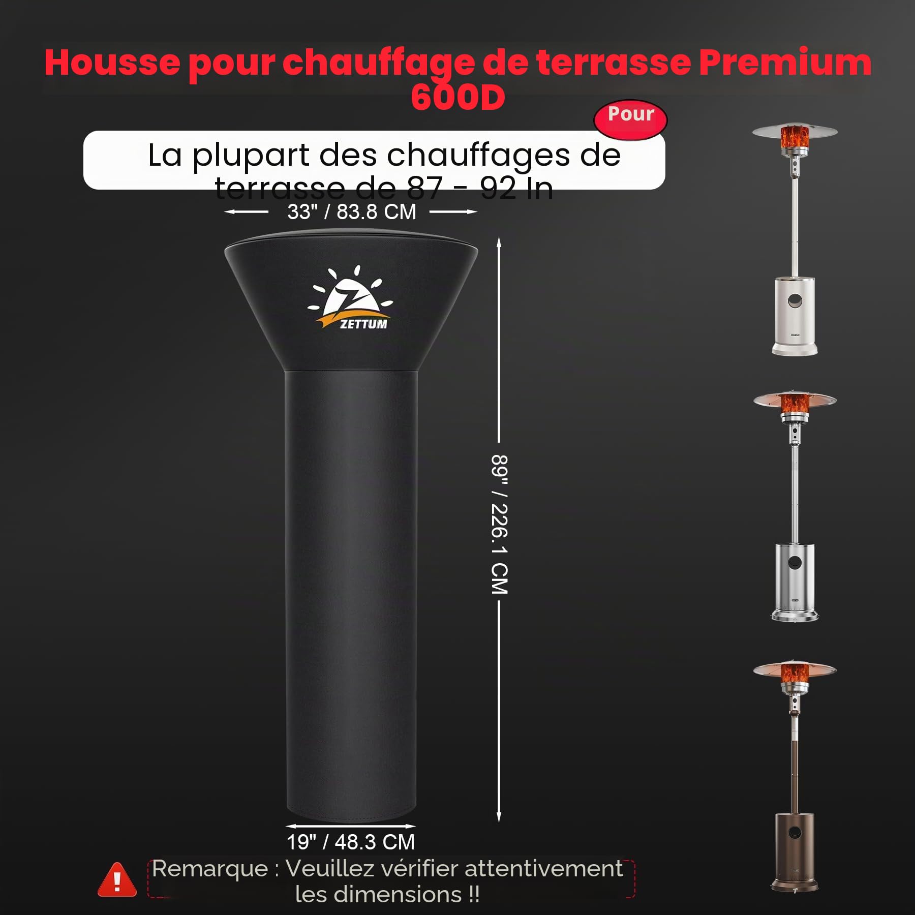 Housses de chauffage de terrasse 226 CM – Housse de chauffage d'extérieur 600D avec fermeture éclair, imperméable, robuste, housse thermique au propane