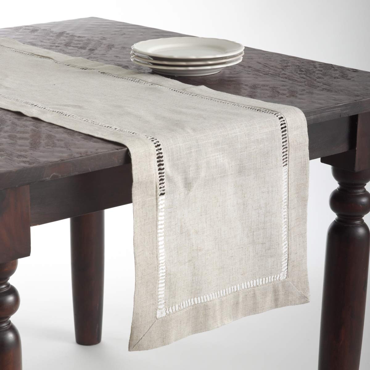 SARO LIFESTYLE Poly and Linen Blend Hemstitched Table Runner with Hemstitch Border, Natural, 18"x108"