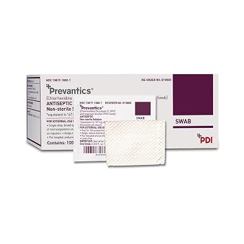 PDI Prevantics Skin Antiseptic Swab B10800, 3.15% CHG & 70% IPA, Individual Skin Prep Swabs, 100 Count Box, Professional Pre-Injection Skin Preparation
