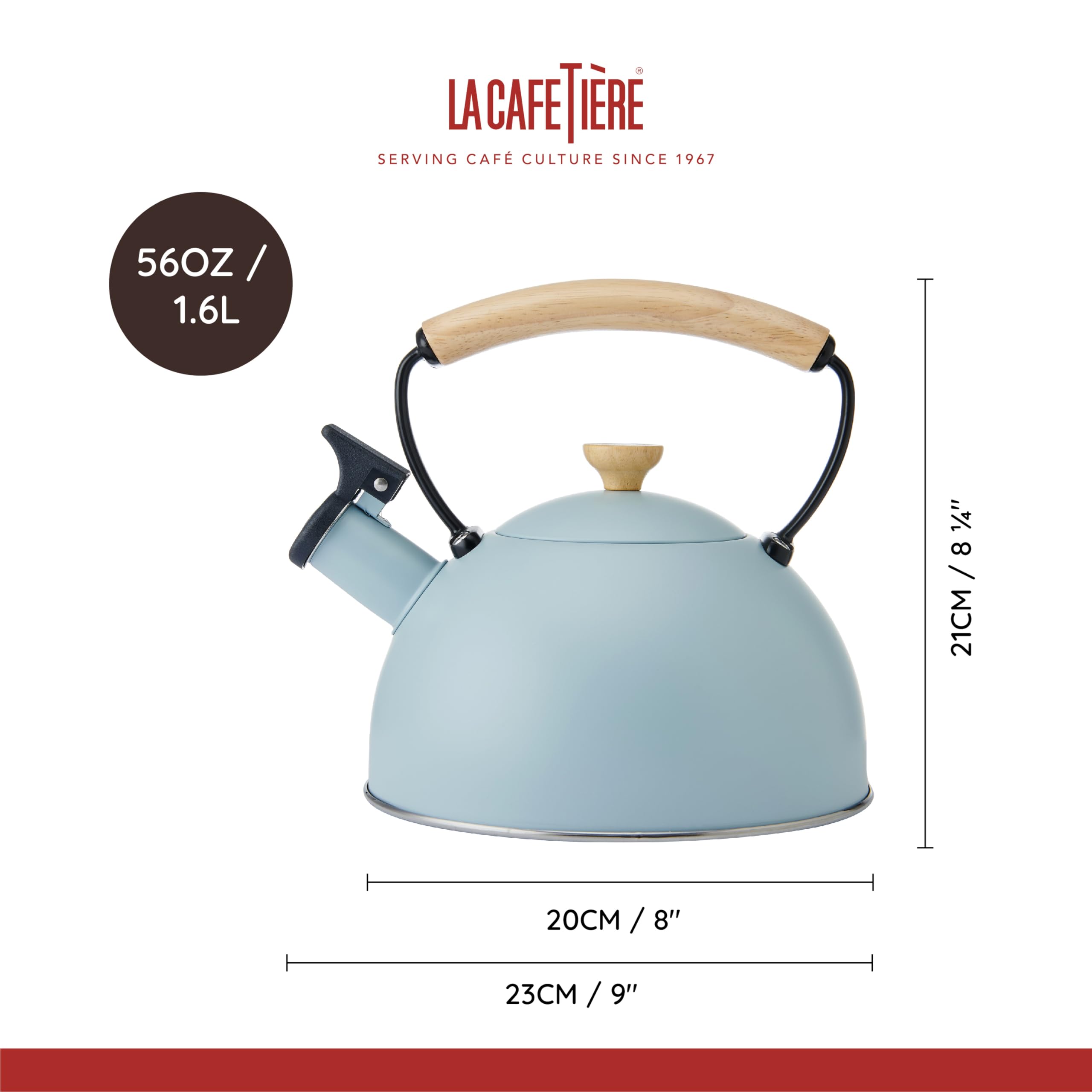 La Cafetière Flötenkessel mit hitzebeständigem Holzgriff, leicht, rostbeständig, mit klappbarem Ausgießer, kompatibel mit allen Herdplatten, 1,6 l, trendiges Himmelblau
