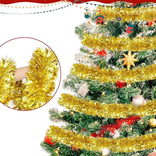 Image of 50FT Gold Christmas Tinsel Garland, Metallic Twist Shiny Hanging Garland Ornaments for Xmas Tree Party Supplies Thick Thin Metallic Streamers for Indoor Outdoor Decor