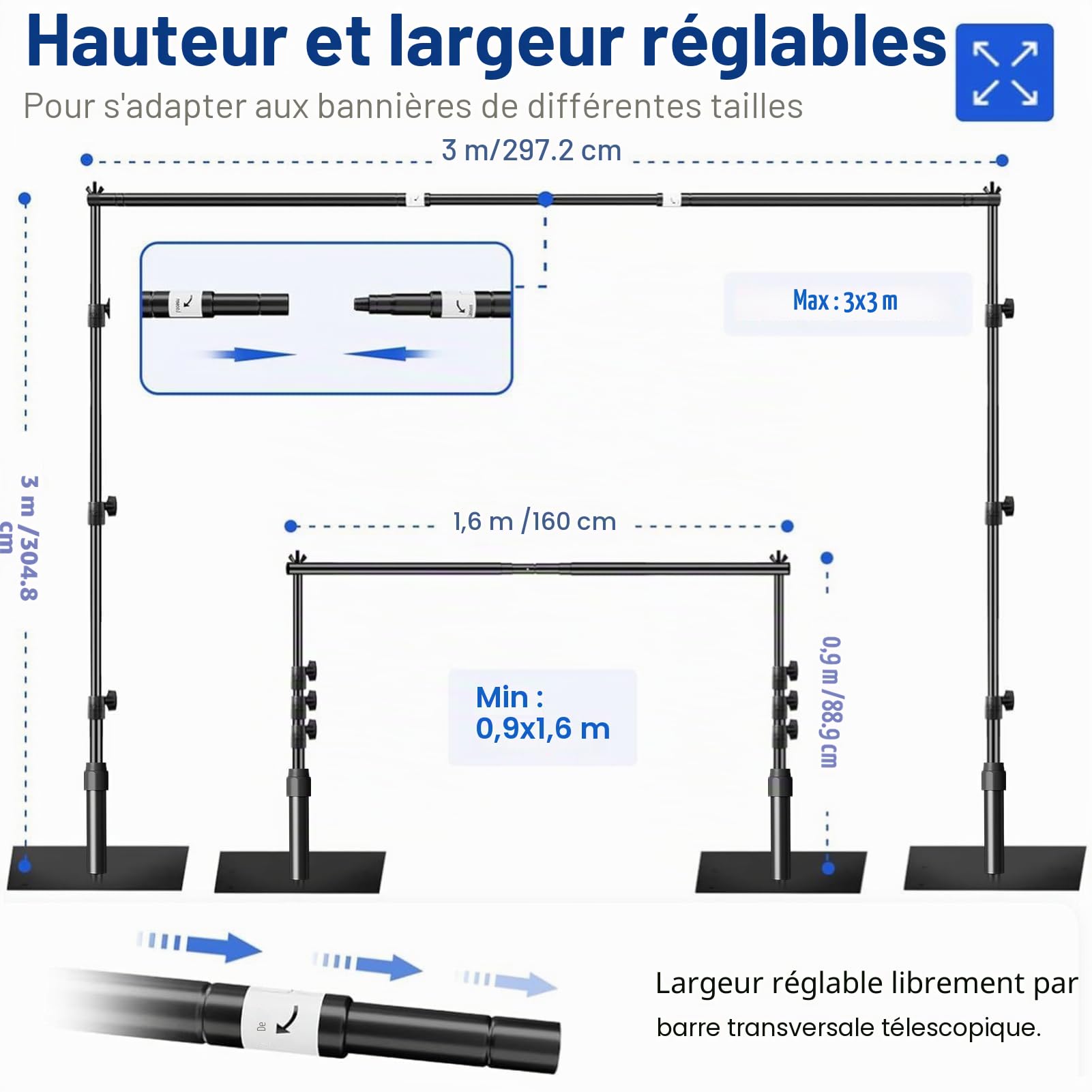 EMART Support Fond Photo 3x3m, Système Toile de Fond Réglable avec Socle en Acier pour Photographie, Studio Vidéo Photo, Fêtes d'anniversaire