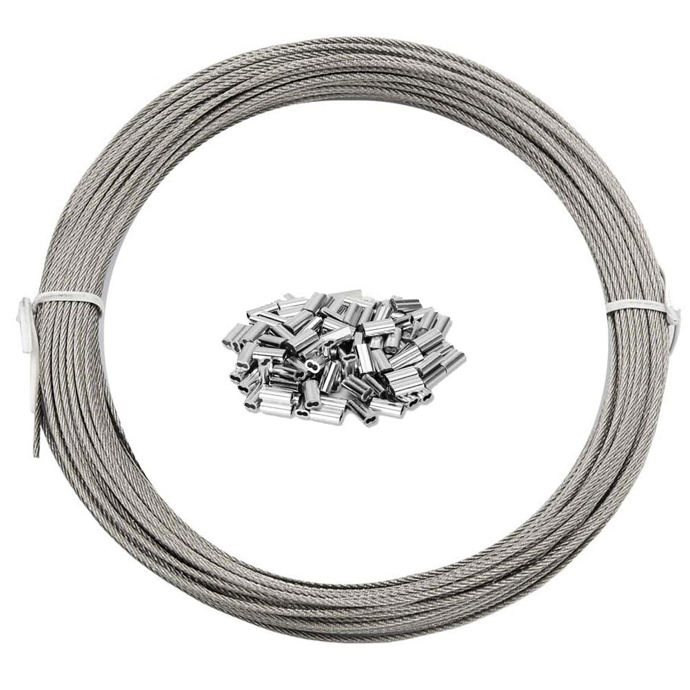 COYOUCO 2-4Mm Wire Rope Vinyl Coated 304 Stainless Steel Wire Cable with 30Pcs Crimping Sleeves, Steel Wire for String Light Hanging Kit, Clotheslines, Trellis Wire,Diameter 4mm/50m