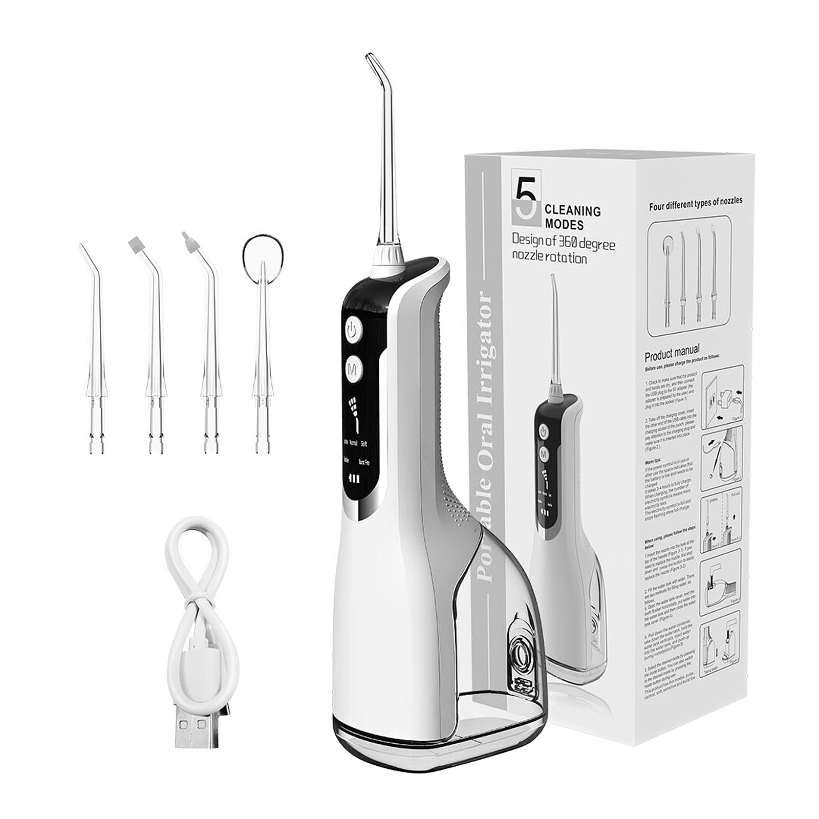 Idropulsore Dentale Portatile, Irrigatore Dentale 300ml 5 Modalità 4 Becchucci USB Ricaricabile IPX7 Impermeabile Idropulitore Per i Denti, Irrigatore Orale Filo Interdentale Adatto a viaggio