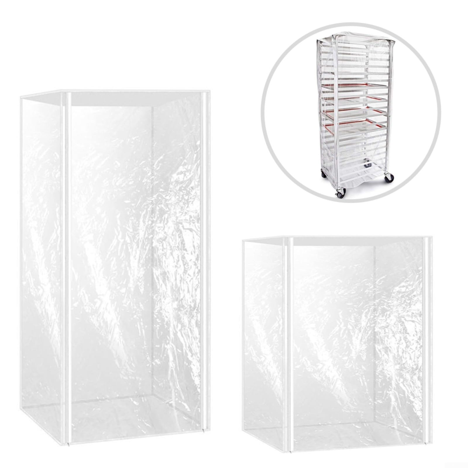 2 fundas transparentes de PVC con tres cremalleras para un fácil acceso y visualización clara, se adapta a estantes de 20 o 10 capas en cocinas, panaderías o cafeterías
