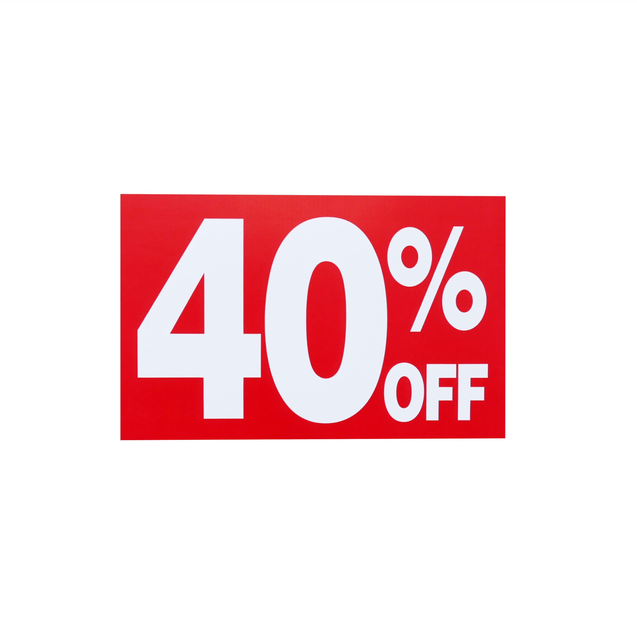 40% Percent Off Signs, 7" x 11" with Eye Catching White Text on Red Background, Printed on Durable Card Stock, 20 Pack